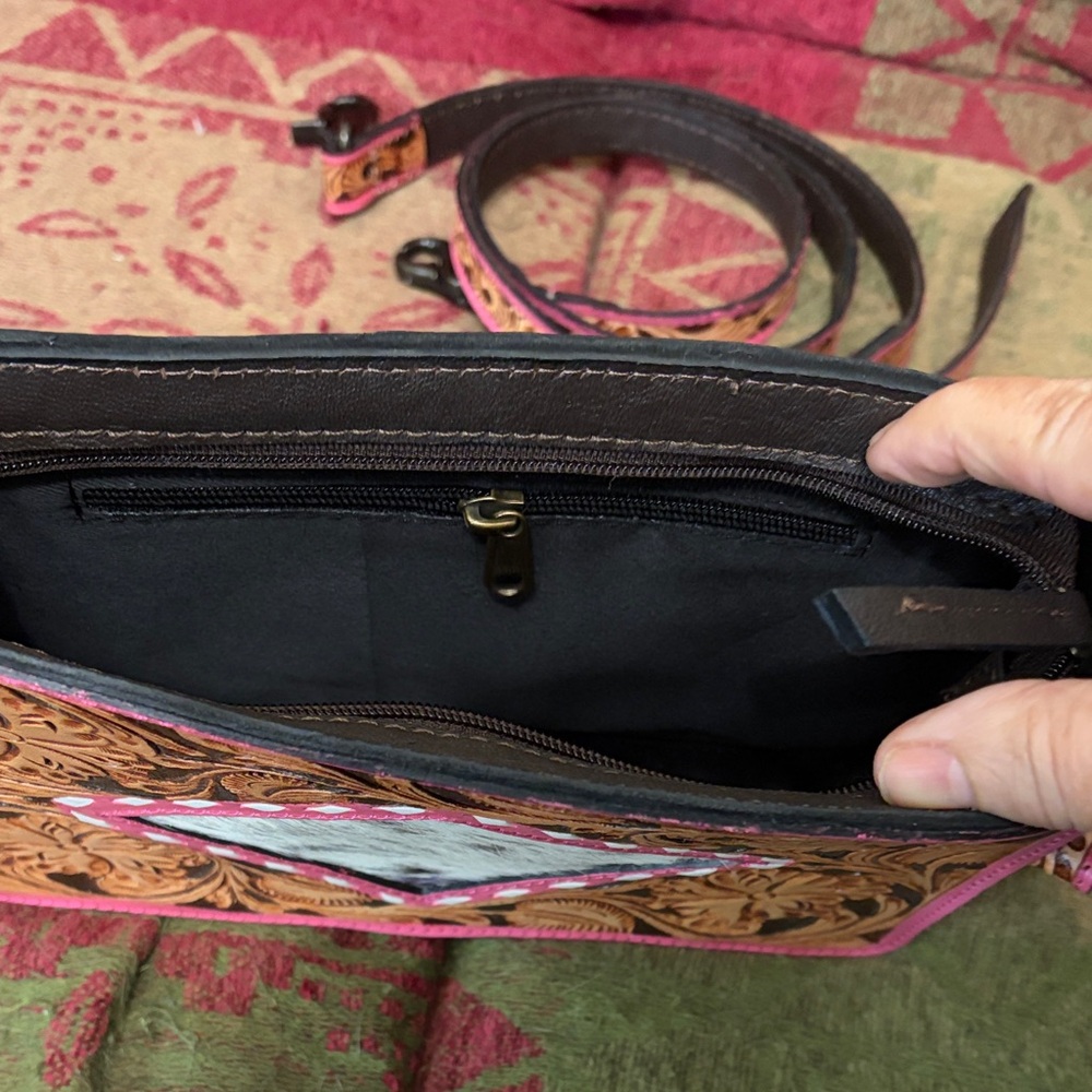 Tooled Leather Clutch with Hair-on-Hide Diamond Accent - Pink Trim - Picture 3 of 3